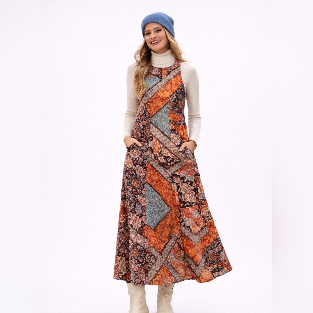 Organic Cotton Bohemian Patchwork Print Long Maxi Dress w/ Pockets 4 Seasons XL